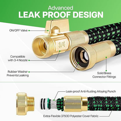 25 FT Expandable Garden Hose 2025 W/10 Pattern Spray Nozzle, Ultra-Lightweight, Tangle & Kink Free, 3-Layers Latex Core with 3/4" Brass Fitting for Superior Durability, Comes W/Storage Bag and Holder
