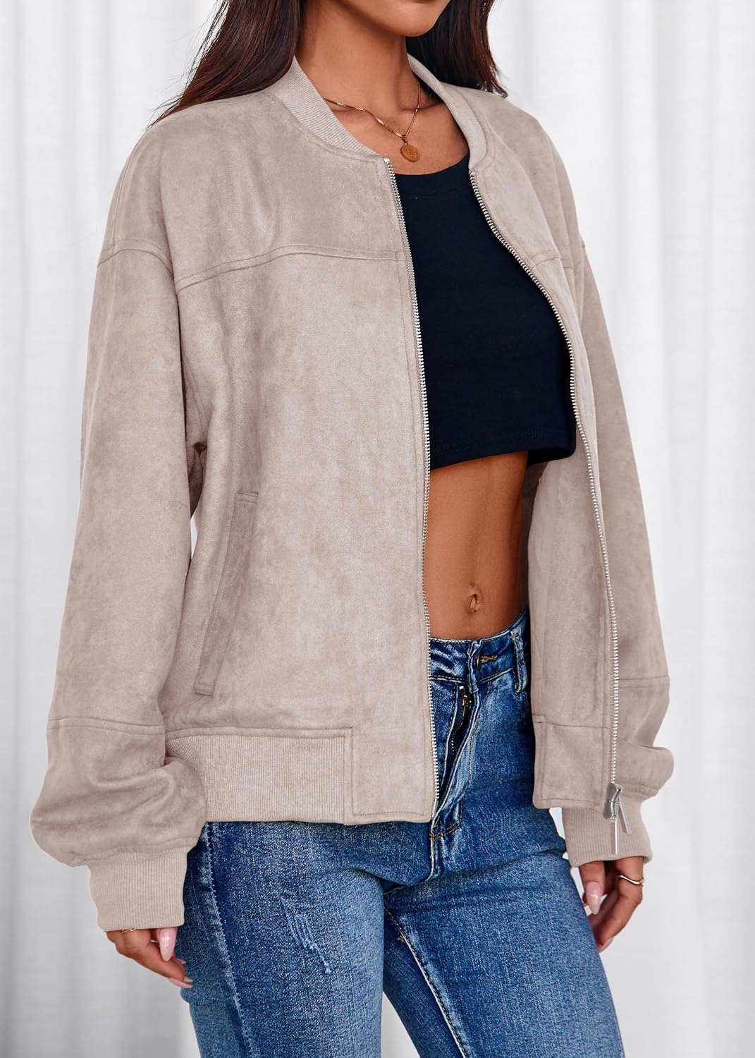 Women's Faux Suede Bomber Jackets Fall Fashion Outfits Winter Clothes Stand Collar Zip Up Coats Outwear