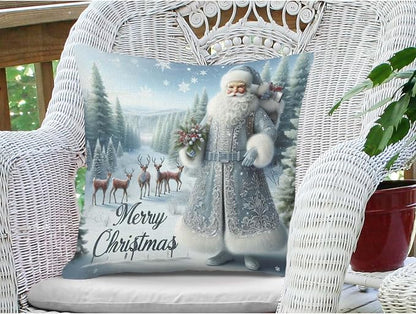 Throw Pillow Cover 20x20 Inch,Santa Blue and Silver with Forest with Deer Merry Christmas Throw Pillow Case,Home Decor Cushion Covers for Sofa Living Room Couch Bed