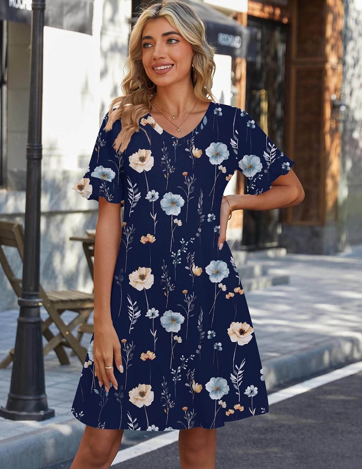 Zeagoo Women's Floral A-Line Ruffle Short Sleeve V-Neck Sundress with Pockets