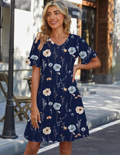 Zeagoo Women's Floral A-Line Ruffle Short Sleeve V-Neck Sundress with Pockets