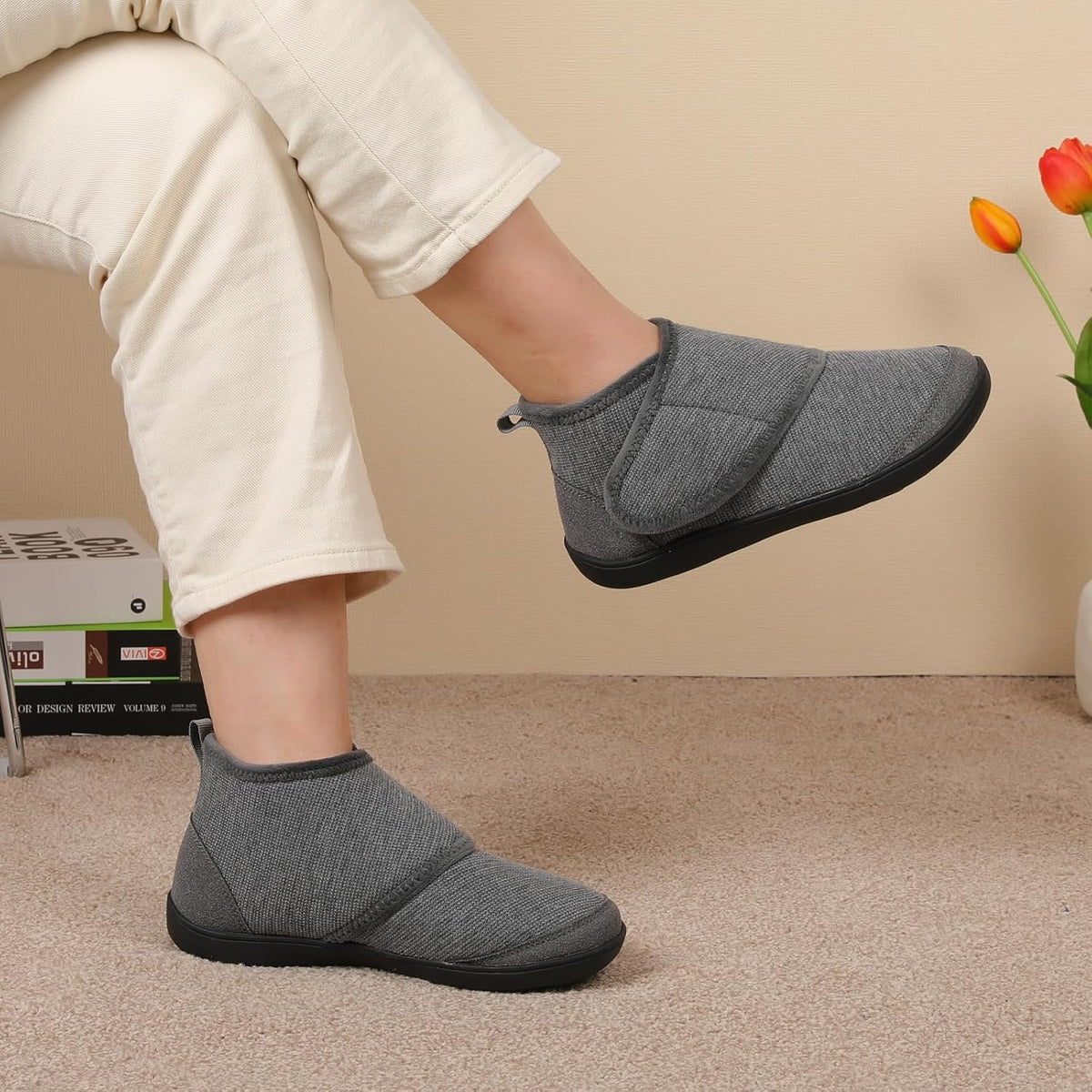 LeIsfIt Slipper Boots for Women Wide Warm House Shoes Non-slip Diabetic Winter Shoes Adjustable Bootie Slippers for Indoor & Outdoor