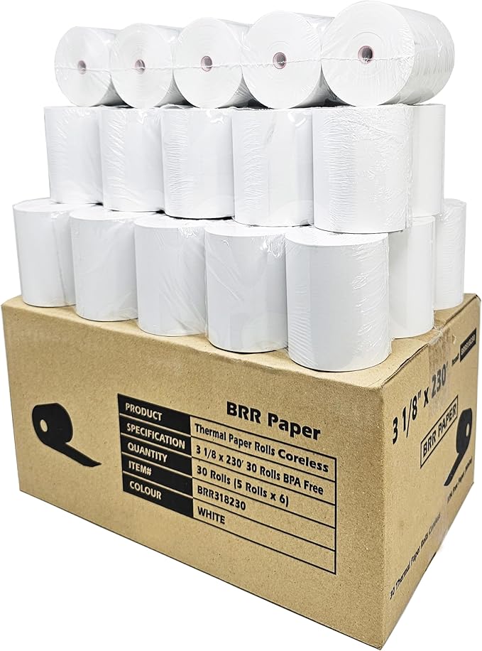 (30 Coreless Rolls - 50 GSM) 3 18 x 230 Thermal Paper Receipt Rolls fits all Clover POS Cash Register Printers for TSP500 TSP600 TSP 700 TSP2000 CT S300 from BuyRegisterRolls