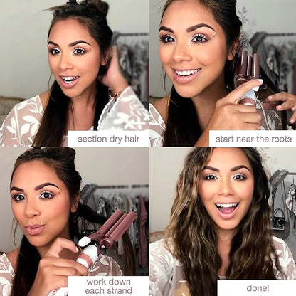 Conair Double Ceramic 3 Barrel Curling Iron, Hair Waver, Create Beachy Waves, Long-Lasting Natural Tight Waves for all Hair Lengths, White  Rose Gold