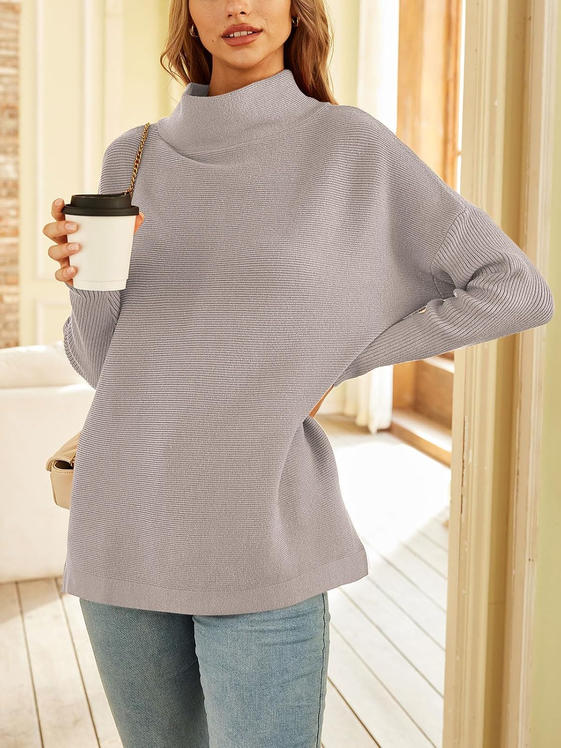 LILLUSORY Women Mock Turtleneck Sweater Oversized Long Tunic Winter Clothes | Mock Neck, Slide Slit, Cozy Comfy, Plus Size, Casual Knit, Pullover Tunics, Wear with Leggings, 2026 Winter Clothes