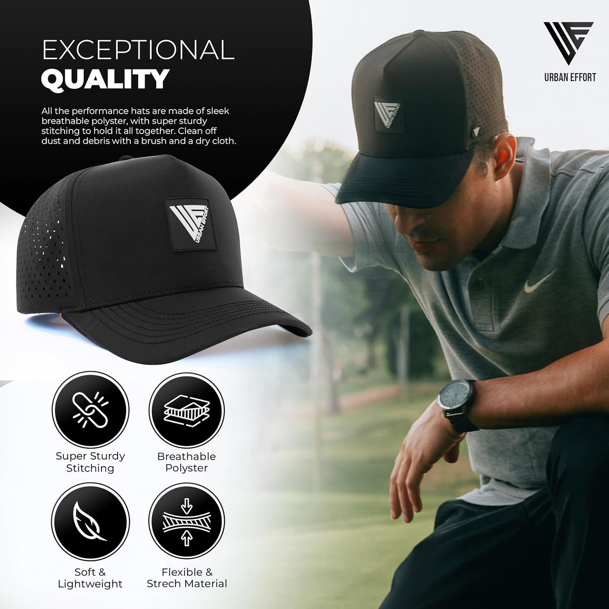 Urban Effort Hydro Performance Hat-Water-Resistant Baseball Cap-Men and Women-Great Snapback for Golf, Adventure,Lake,Workout ( Black )