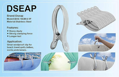 Dseap Towel Clips: 6 14'L Pack of 6 Jumbo Stainless Steel Metal Towel Clips, Pool Cover Clamps, Beach Blanket Holder Pins, for Cruise Boat Pool Lounge Chair