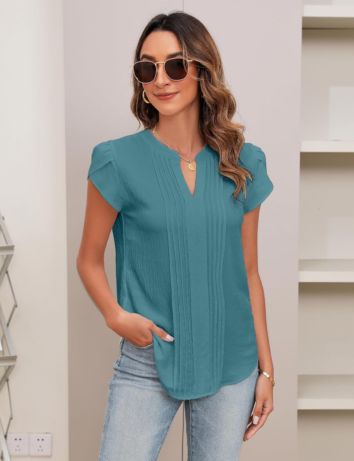 Blooming Jelly Womens Blouses Dressy Causal V Neck Pintuck Short Petal Sleeve Business Tops Ladies Summer Trendy Work Shirt