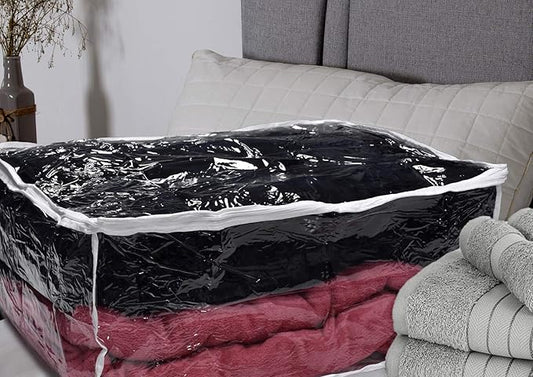 Blanket Storage Bags - 90 L - Zippered Large Clear Plastic Storage Bag. Shield Your Quilt Blankets, Bedding and Clothes from Dust, Dirt & Moisture - Gliding Zipper for Easy Access