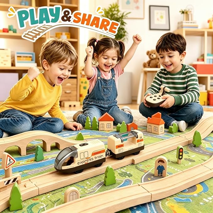 This motorized train set with remote control, tunnel, and realistic sound effects is compatible with popular wooden track brands like Thomas and Brio.