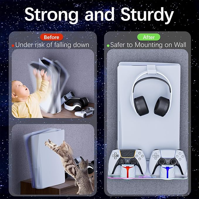 Hosanwell PS5 Wall Mount Kit with Charging Station, Compatible with PS5 Slim Disc & Digital Version, Dual Use Charging Station with Multi-Mode RGB Light, White