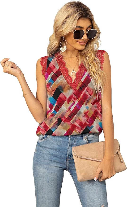 VIISHOW Women Ladies Sexy V Neck Lace Trim Tank Tops Dressy Camisole Casual Loose Sleeveless Chiffon Blouse Shirts