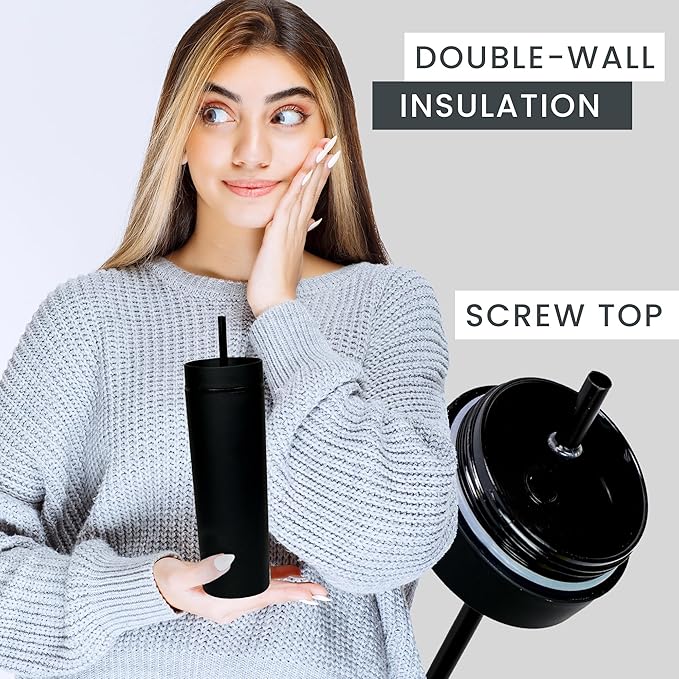 SKINNY TUMBLERS 4 Pack - Matte Pastel Colored Acrylic Tumbler with Lid and Straw- Perfect for Home, Parties, Travel 16oz Double Wall Reusable Plastic Tumbler w Straw Cleaner INCLUDED,BLACK