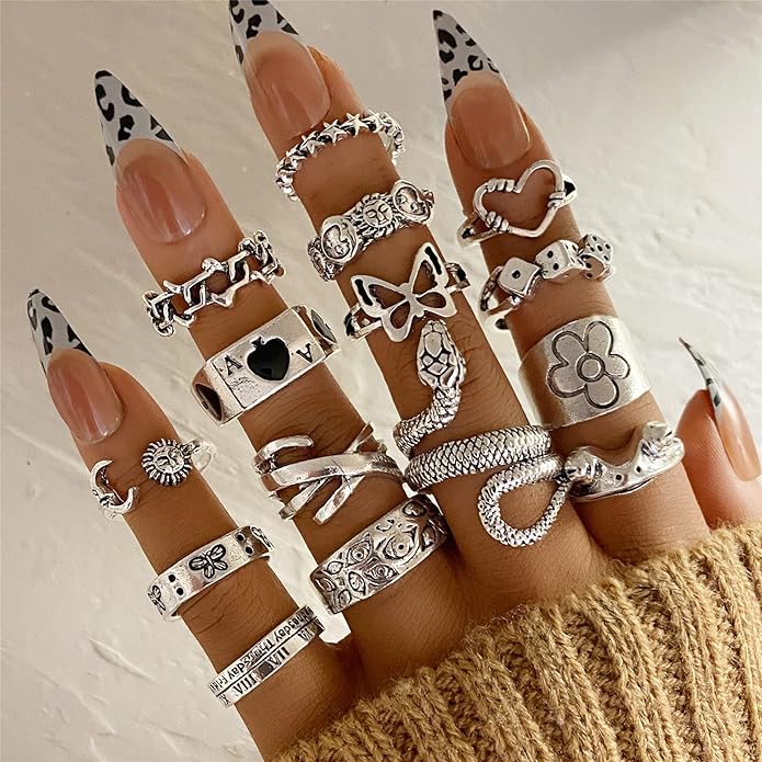Vintage Silver Open Punk Rings for Men Women, 24PCS Adjustable, Alt, Chunky, Hippie, Gothic, Statement Stacking, Skull Snake Star Flower Heart Eboy Emo Y2K