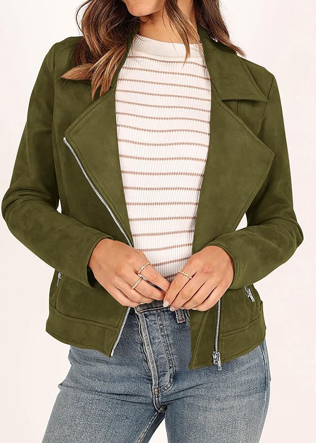 KIRUNDO Womens Faux Suede Jacket 2024 Fall Winter Clothes Casual Zipper Cropped Coat Bomber Biker Moto Jackets Outwear