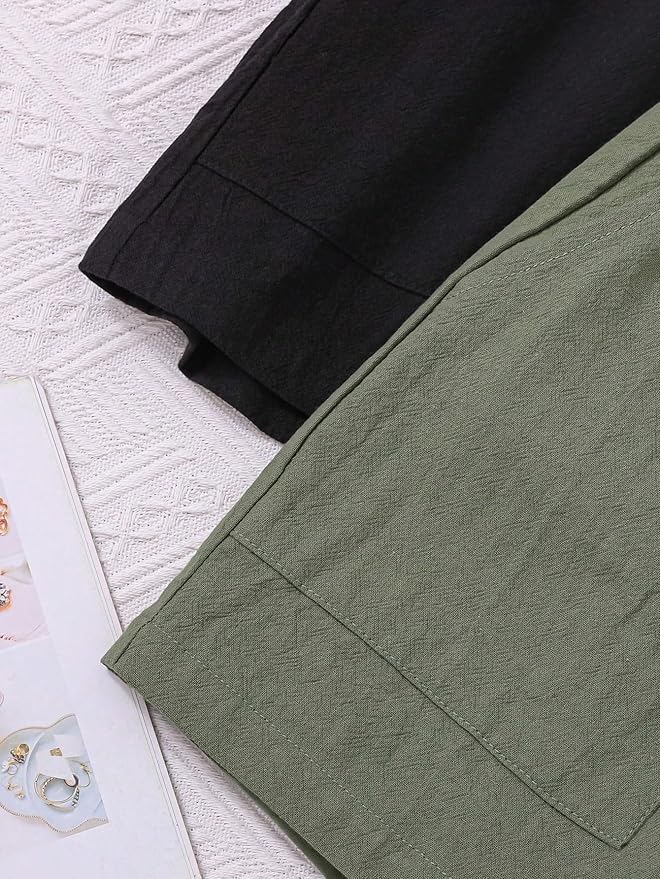 Women's Mid-Rise Short Elastic Double Pocket Shorts Two Pieces Set