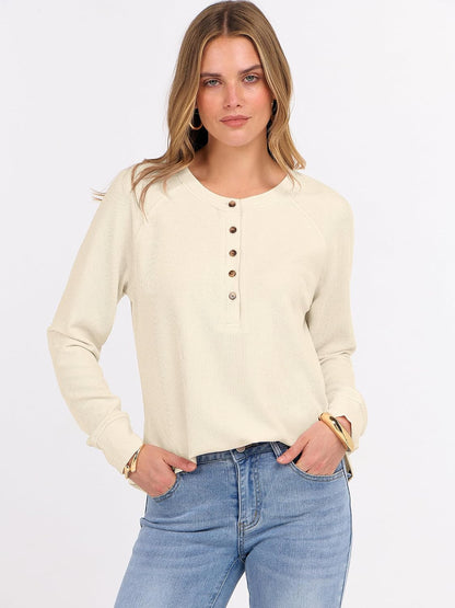 ANRABESS Women's Long Sleeve Waffle Knit Shirts Dressy Casual Loose Button Up V Neck Henley Tops 2026 Fall Basic Tee Blouse.