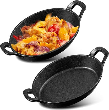 Mifoci 2 Pcs Oval Serving Dish Mini Cast Iron Skillet Cast Iron Baking Pan Sizzling Plate Matte Black Gratin Cookware for Home Restaurant Kitchen Food Service Barbecue (10.8 x 6.1 Inch)