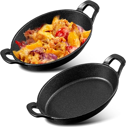 Mifoci 2 Pcs Oval Serving Dish Mini Cast Iron Skillet Cast Iron Baking Pan Sizzling Plate Matte Black Gratin Cookware for Home Restaurant Kitchen Food Service Barbecue (10.8 x 6.1 Inch)
