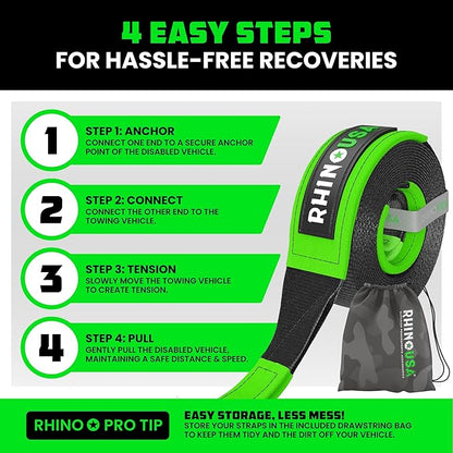 Rhino USA Recovery Tow Strap (3" x 20') - 31,518lb Break Strength - Emergency Recovery Strap Tow Rope for Truck, UTV, ATV & More - Heavy Duty Towing Strap for Offroad 4x4 Use - Compatible with Jeep