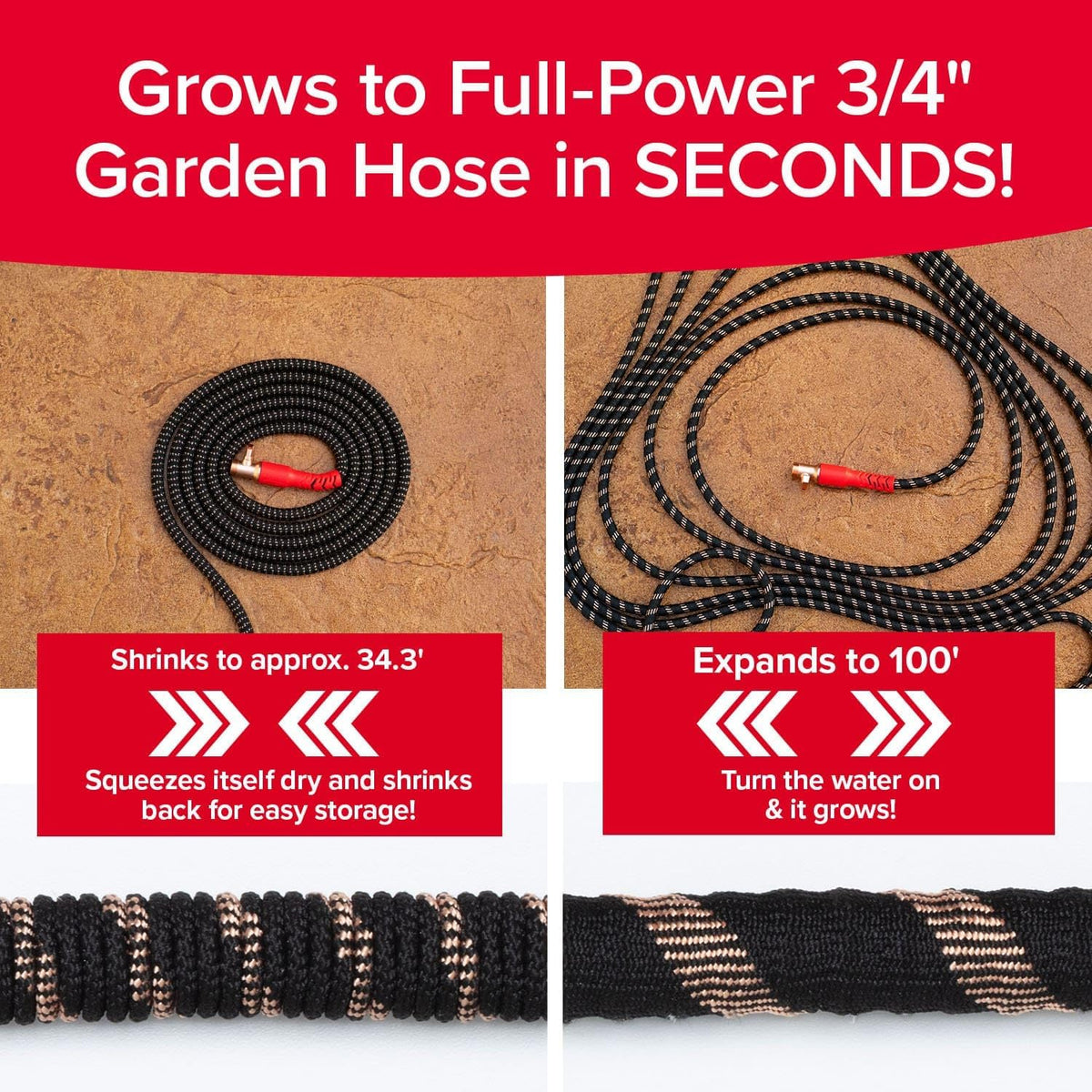 Pocket Hose Copper Head 100 FT Expandable Garden Hose, Pocket Pivot 10-pattern thumb-control nozzle, 360° swivel, no-kink, 3X stronger jacket, 650 PSI anti-burst, lead-free, drinking water safe (Hose and Nozzle Only, accessories not included)