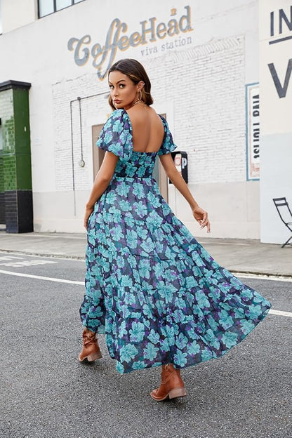 Women Floral Maxi Dress Short Puff Sleeve V Neck Bohemian Flowy Dress Smocked Casual Spring Summer Dresses