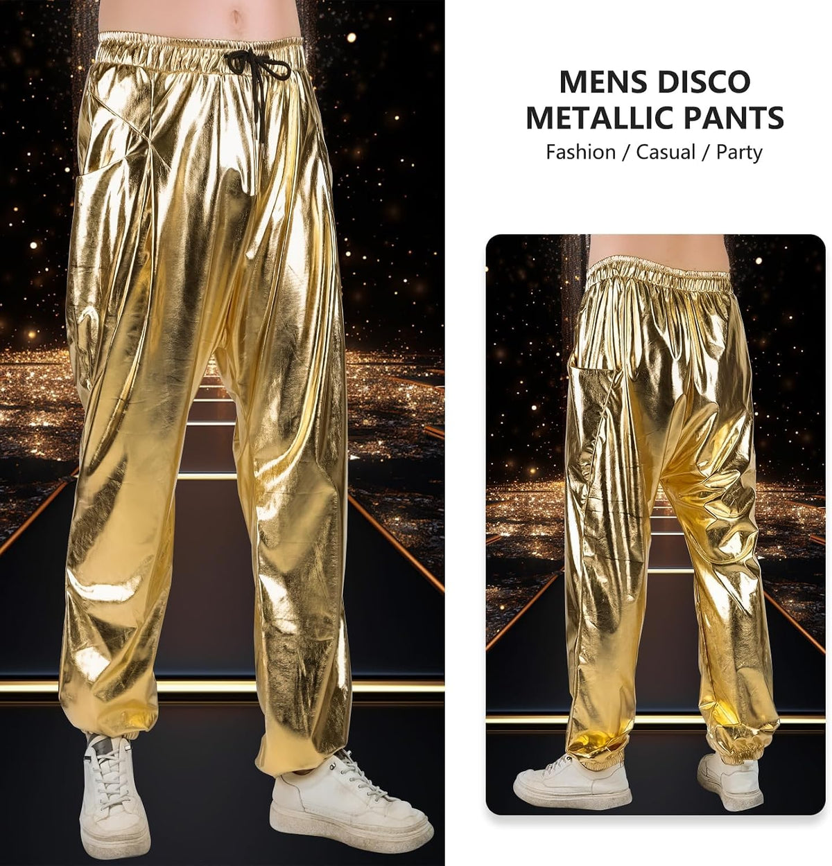 Mens Metallic Pants Disco Outfit Drawstring Waistband Rave Trousers Sequin Joggers with Pockets