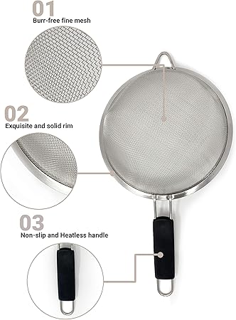 Makerstep Fine Mesh Strainer Set of 3, Stainless Steel 3.38", 5.5", 7.87" Strainers Wire Sieve Sifter with Insulated Handle Strainers for Kitchen Gadgets Tools