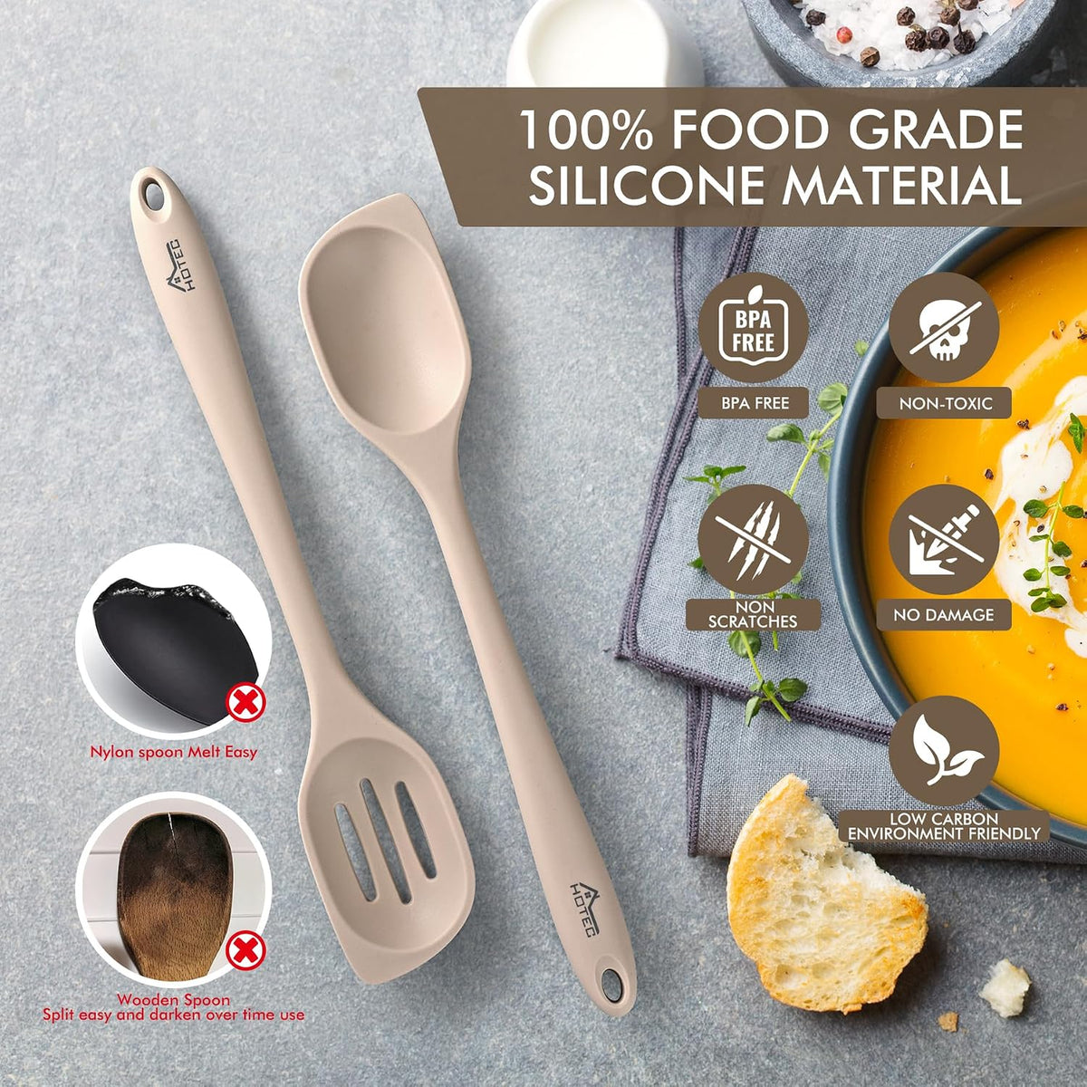 Carote Heat Resistant Silicone Cooking Spoon Spatula, Large Kitchen Solid and Slotted Spoons for Mixing, Serving, Scraping, Non-stick, Dishwasher Safe Khaki