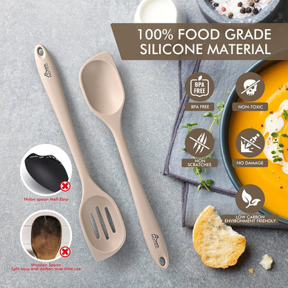 Carote Heat Resistant Silicone Cooking Spoon Spatula, Large Kitchen Solid and Slotted Spoons for Mixing, Serving, Scraping, Non-stick, Dishwasher Safe Khaki
