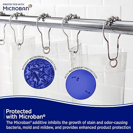 Kenney MB61160 Microban Protected Medium Weight 4.8 Gauge Waterproof PEVA Shower Curtain Liner with Rust-Resistant Metal Grommets and Weighted Magnetic Hem for Bathroom, 70" W x 72" H, Clear, 1-Pack