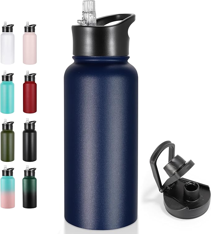 32 oz Insulated Water Bottle Stainless Steel Metal Water Bottles with Leak Proof Straw Lid & Spout Lid, Wide Mouth Double Walled Vacuum Travel Sports Bottle, Navy Blue