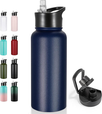 32 oz Insulated Water Bottle Stainless Steel Metal Water Bottles with Leak Proof Straw Lid & Spout Lid, Wide Mouth Double Walled Vacuum Travel Sports Bottle, Navy Blue