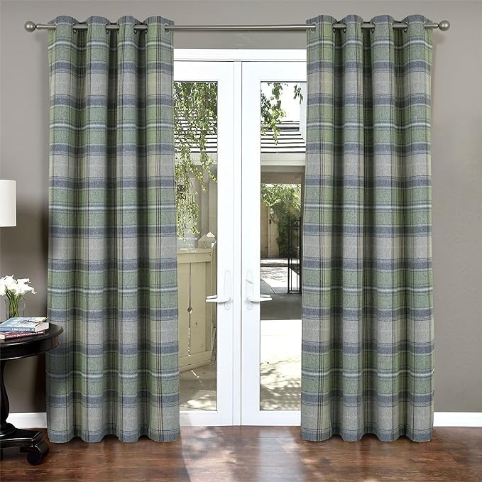 always4u Woolen Look Plaid Curtains Modern Window Panels Green Check Tartan Curtains for Living Room Bedroom 2 Panels Green 45  84 Inches