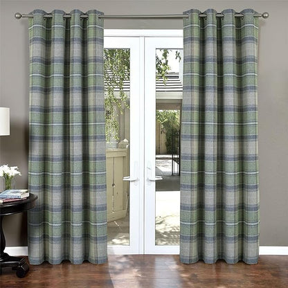 always4u Woolen Look Plaid Curtains Modern Window Panels Green Check Tartan Curtains for Living Room Bedroom 2 Panels Green 45  84 Inches