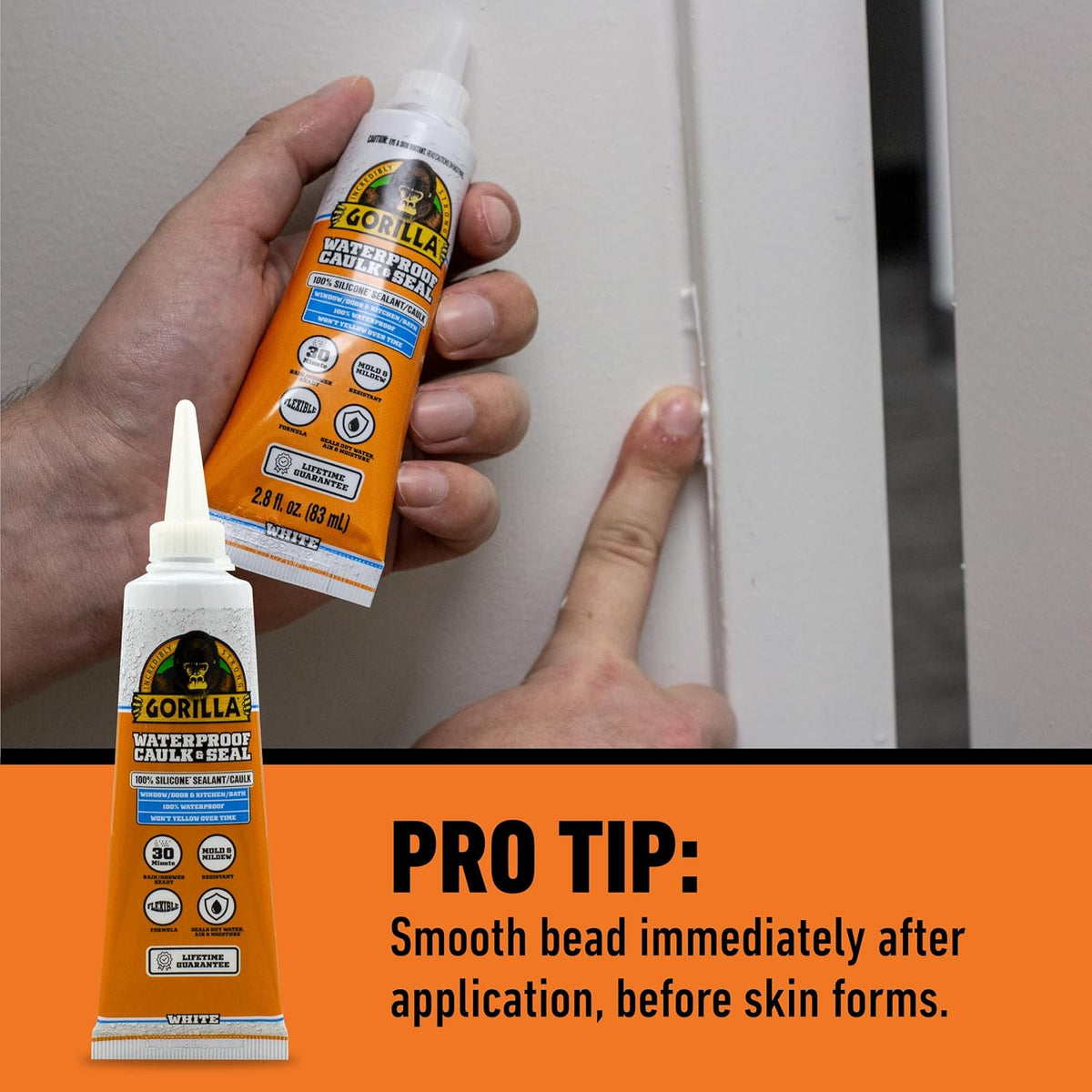 Gorilla 100% Silicone Caulk, Waterproof Sealant, 2.8oz Squeeze Tube (Pack of 1) – White -10 Year Mold Resistant Kitchen, Window, Bath, Marine, Door and More