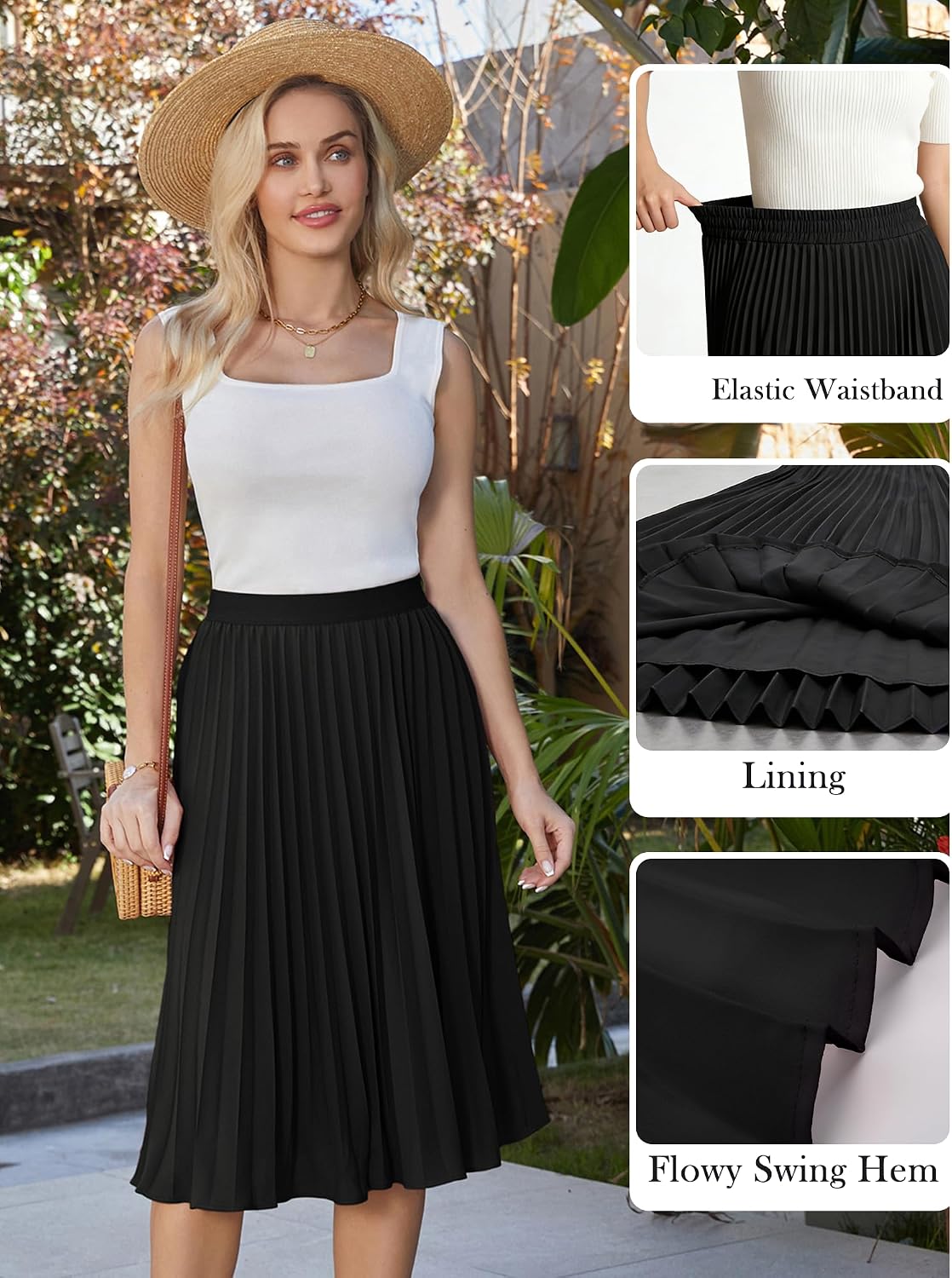 GRACE KARIN Pleated Midi Skirt for Women,Chiffon Elastic High Waist Knee Length Skirts,Swing Flare A-Line Outfits.