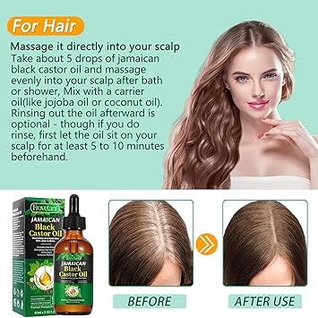 Jamaican Black Castor Oil, Organic Castor Oil for Hair Growth, Cold Press Unrefined, Thicker Eyelashes and Eyebrows, Massage Oil for Aromatherapy 60ML
