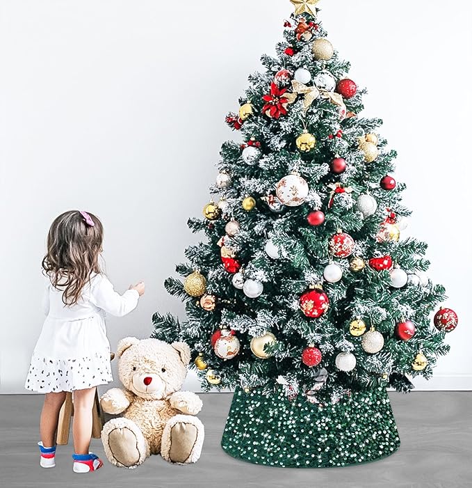 Christmas Tree Collar Hunter Green 24 Inch Xmas Tree Ring Sparkling Sequin Christmas Tree Basket Skirt for Christmas Tree Decor Glitter Velvet Tree Collars Tree Skirt for Xmas Party Occasions
