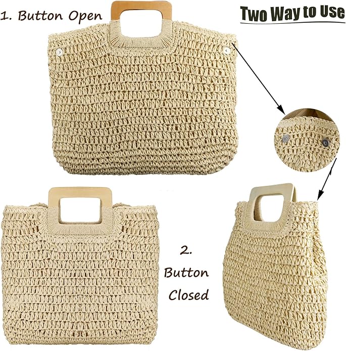 YYW Straw Tote Bag Women Hand Woven Large Casual Handbags Hobo Straw Beach Bag with Lining Pockets for Daily Use Beach Travel