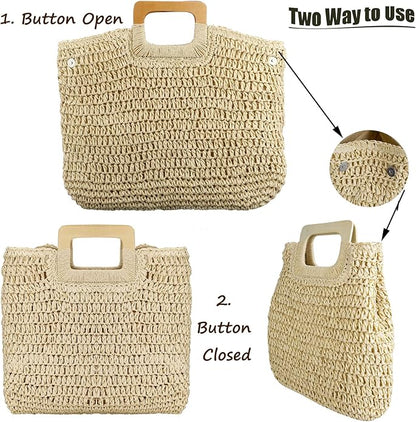 YYW Straw Tote Bag Women Hand Woven Large Casual Handbags Hobo Straw Beach Bag with Lining Pockets for Daily Use Beach Travel