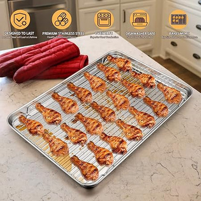 E-far Cookie Sheet with Rack Set, Half Sheet Baking Pan for Oven Cooking, 18x13 Stainless Steel Rimmed Tray with Wire Cooling Rack for Roasting Broiling Bacon Meat Steak - Dishwasher Safe