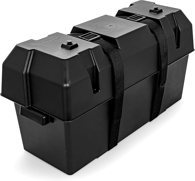 Camco Double Battery Box | Safely Stores RV, Automotive, and Marine Batteries | Features a Heavy-Duty Corrosion-Resilient Polymer Construction and Measures Inside 21-1/2" x 7-3/8" x 11-3/16" (55375)