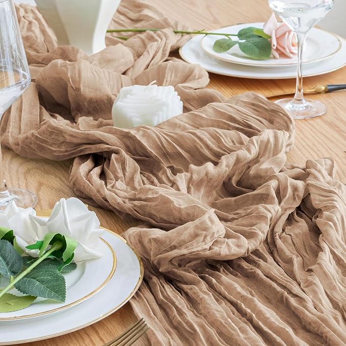 2PCS Table Runner Cheesecloth 10FT Nude Boho Gauze Cheese Cloth Rustic Sheer Table Runners for Wedding Bridal Baby Shower Party Decoration