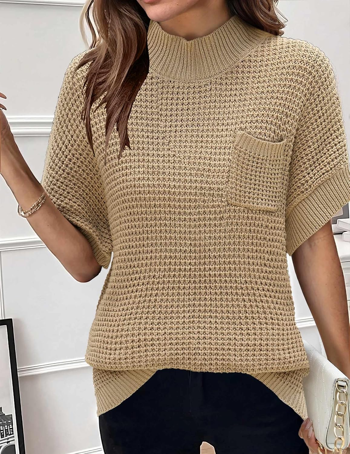 Women 2026 Sweater Vest Mock Neck Batwing Short Sleeve Oversized Ribbed Knit Tops Fall Pullover Sweater S-XXL
