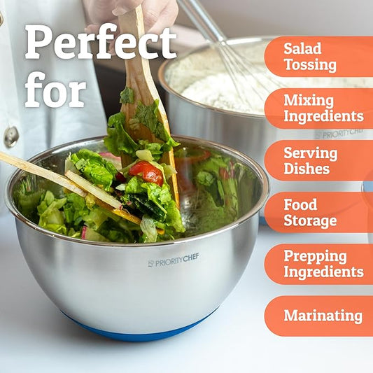 Priority Chef Premium Mixing Bowls With Airtight Lids Set, Thicker Stainless Steel Mixing Bowl Set, Large Prep Metal Bowls with Lids, Nesting Bowls for Kitchen, 1.52345 Qrt, Blue