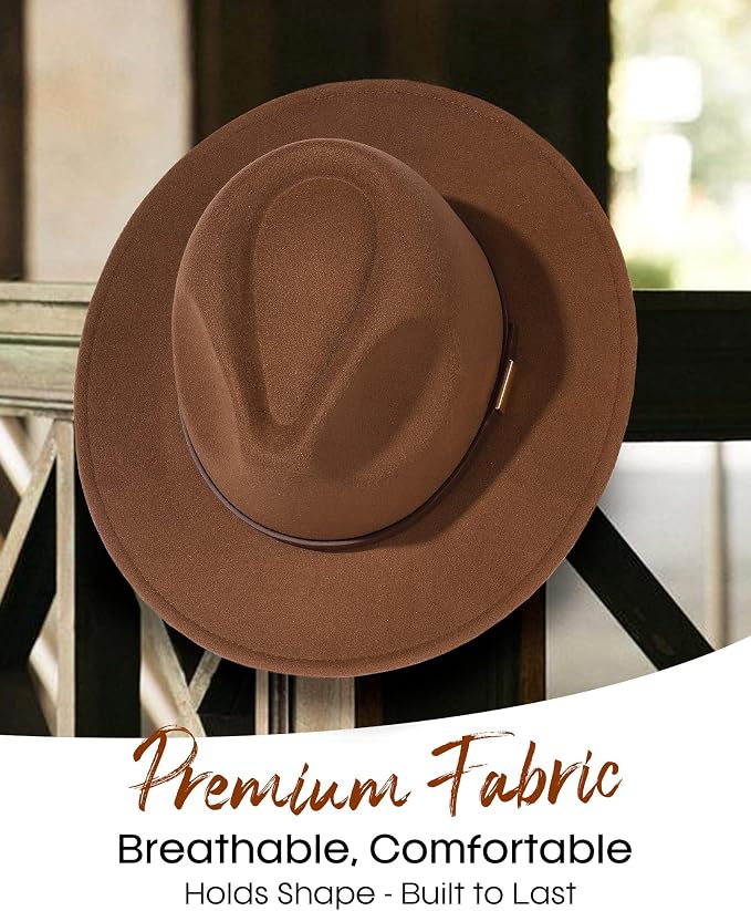 FURTALK Fedora Hats for Men Women Wide Brim Felt Panama Dress Hat with Belt Buckle Adjustable Size 7-7 3/8
