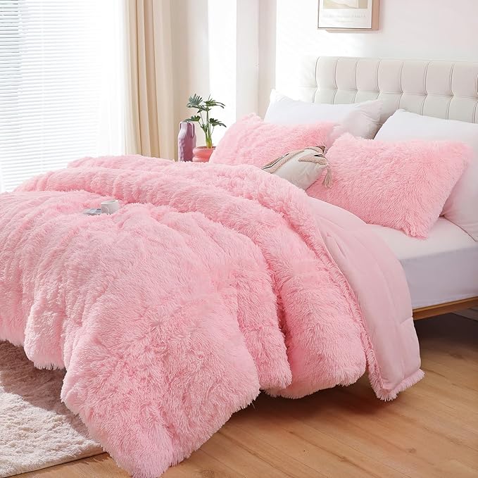 Smoofy Fluffy Full Size Comforter Set, Faux Fur Pink Comforter Set, Luxury Fuzzy Bedding Set, Soft Shaggy Full Bed Set for All Season, 3 Pieces - 1 Comforter & 2 Pillowcases