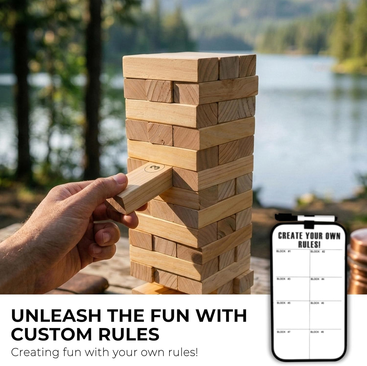 Outdoor Games Giant Wooden Tower Stacking Game - 54 Premium Pine Blocks Stack up to 4.5 FT with Custom Rules Board & Heavy Duty Carry Bag - Outdoor Lawn Games for Backyard Parties, Camping, Tailgating