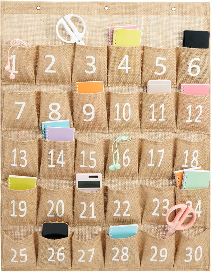 Juvale 30-Row Burlap Cell Phone Holder for Classroom, Farmhouse Designed White Numbered Hanging Pocket Organizer for Mobile Phones, Calculator Caddy, Organization (23x31 in)